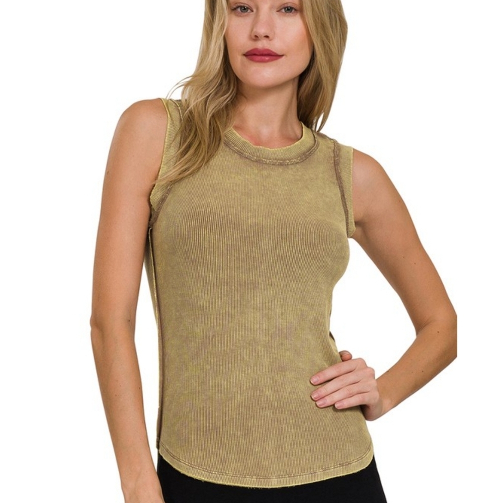 EVE * WASHED RIBBED SCOOP NECK TANK TOP in Mocha
